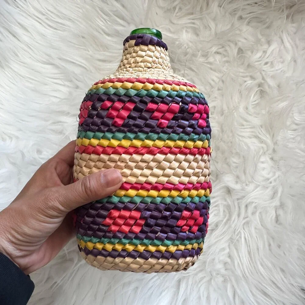Artisan Crochet Pam Straw Wrapped Bottle Vase Home Decor Boho Southwestern